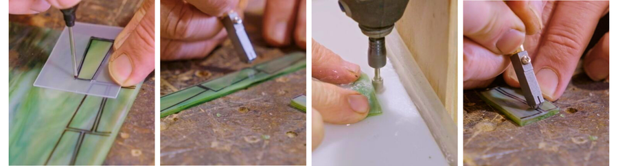Scoring, drilling, and cutting green glass pieces with hand tools
