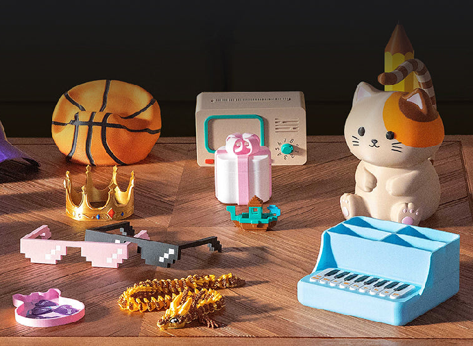 Image of 12 multi-color items, all 3D printed on the Elegoo Centauri Carbon 2 Combo 3D printer. Items include A white-orange cat head phone stand, gold crown with different colored jewels, a pencil holder that looks like a light blue piano, and deflated basketball to hold an XBox controller.