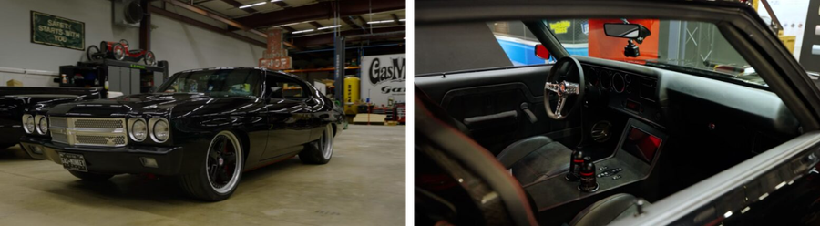 Black classic muscle car exterior and custom interior in a workshop