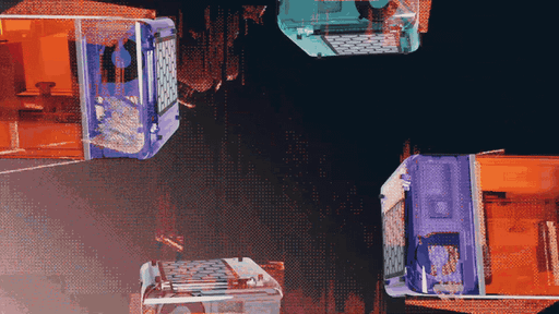 Form Studio 1 printers in teal, aqua, violet and graphite spin and pass through each other