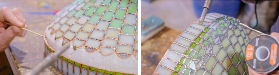 Soldering copper-foiled stained glass lampshade panels