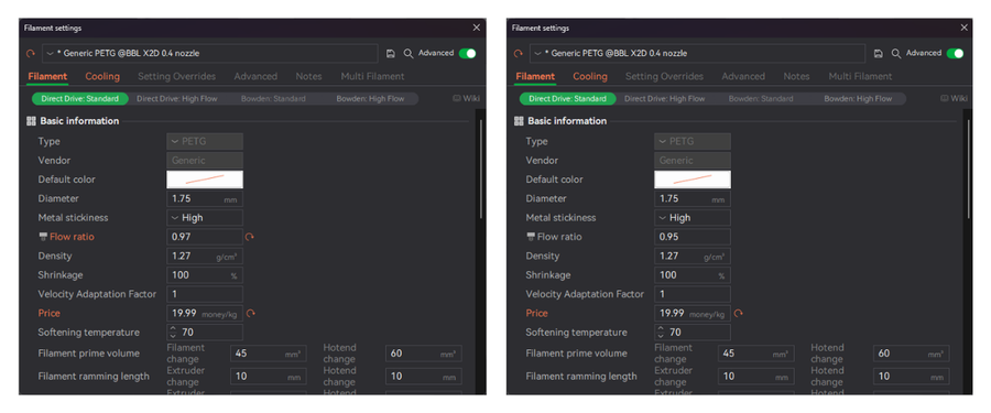 Bambu Studio shows Flow Ratio under Filament Settings rather than in Process Settings.