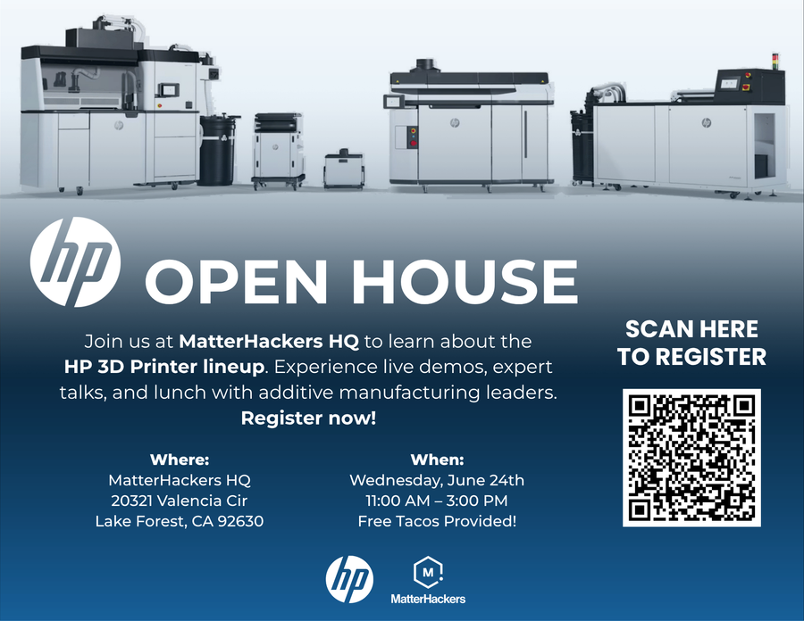 HP Open House at MatterHackers HQ for HP 3D printer lineup, June 24, with registration QR code