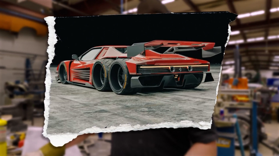 Torn-paper rendering of a red six-wheeled concept supercar
