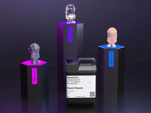 PRO Resin Wash jug in front of three resin miniatures on pedestals lit at 385, 405 and 460 nm