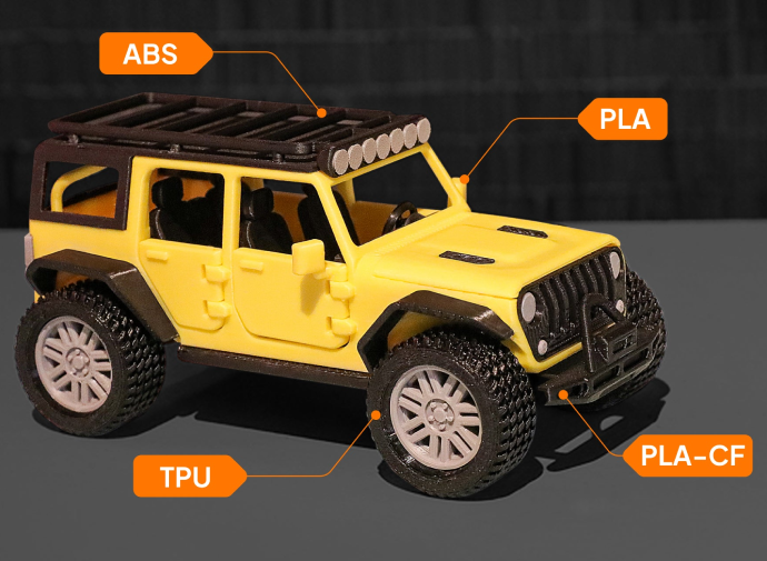 Image of a toy yellow jeep 3D printed on the Elegoo Centauri Carbon 2 Combo 3D printer using ABS, PLA, TPU, and PLA-CF filament.