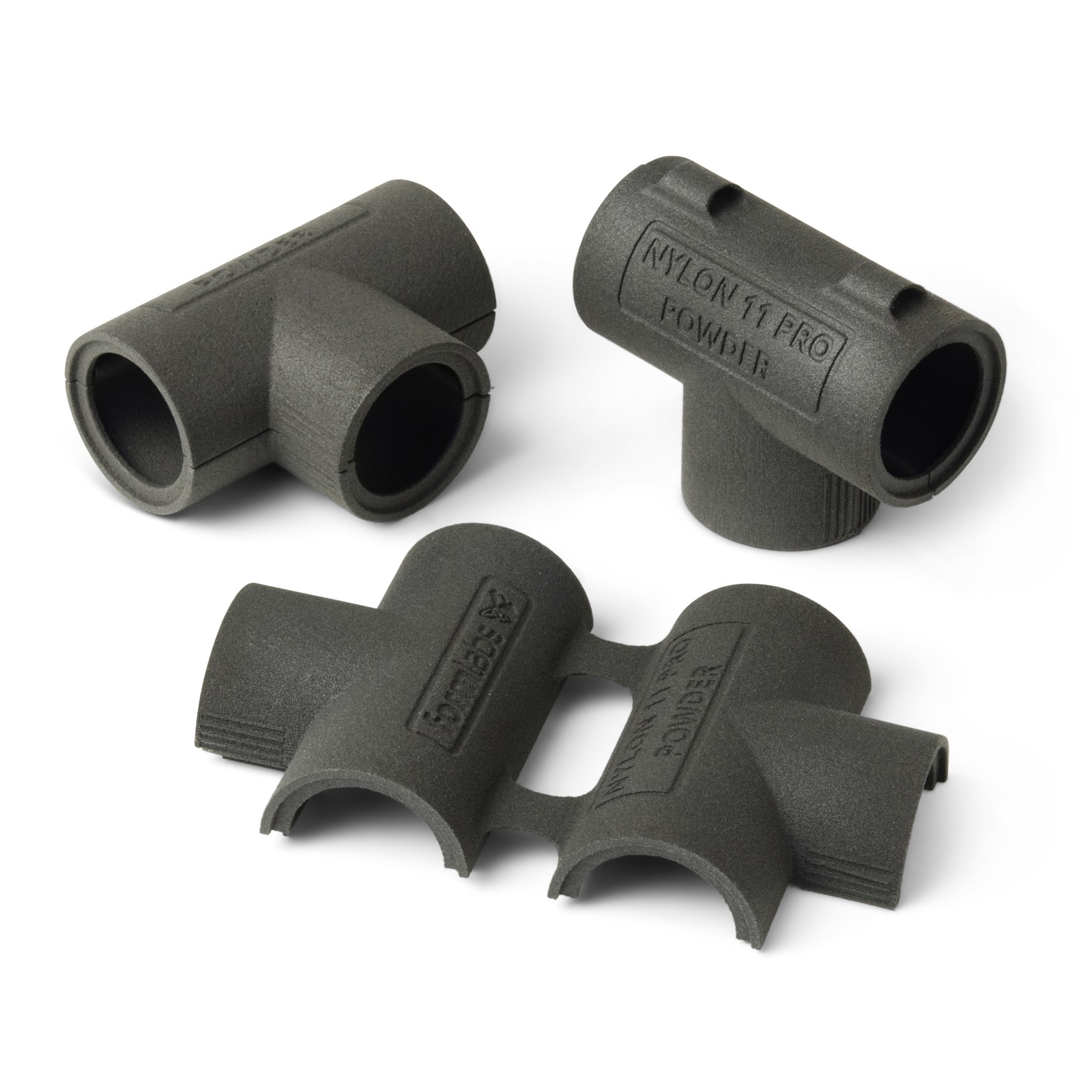 Conduit tee fittings with a living hinge and snap fit, printed in Formlabs Nylon 11 Pro Powder