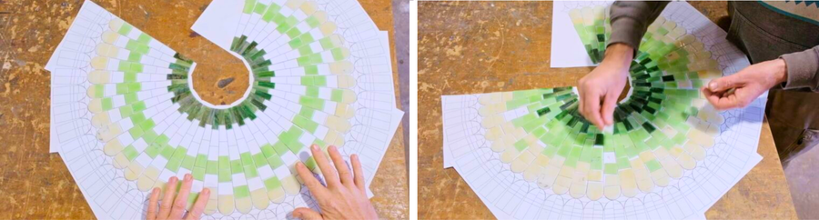Hands arranging green translucent 3D printed tiles on a circular template