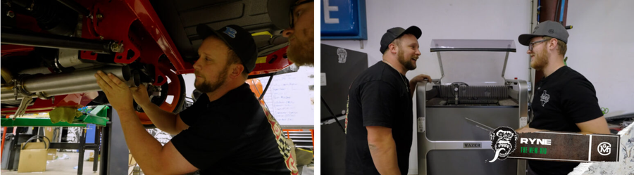 MatterHackers employees working in a garage and talking beside a WAZER waterjet cutter