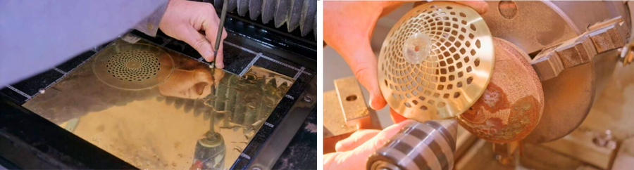 Laser-cut brass part being removed and polished on a buffing wheel