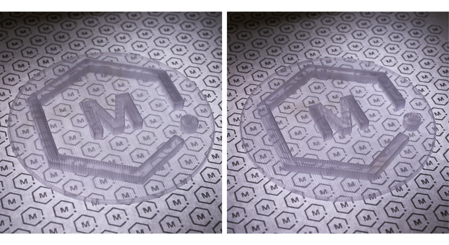 Left: 0.2mm layer height, 50mm/s speed. Right: 0.1mm layer height, 15mm/s speed